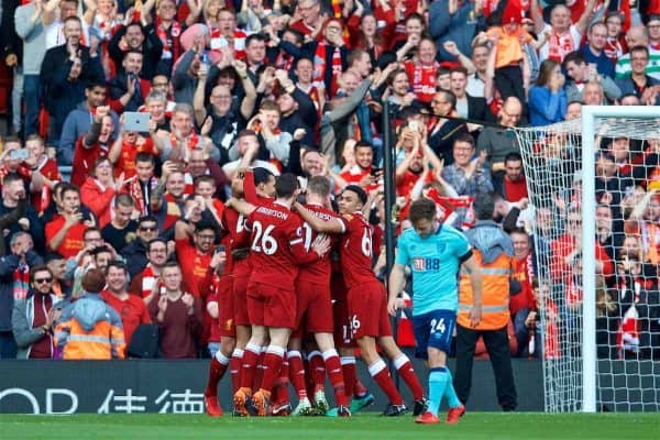 LIVERPOOL, ENGLAND - Saturday, April 14, 2018: Liverpool players celebrate the first goal scored by Sadio Mane [hidden] and AFC Bournemouth's Ryan Fraser looks dejected during the FA Premier League match between Liverpool FC and AFC Bournemouth at Anfield. (Pic by Laura Malkin/Propaganda)