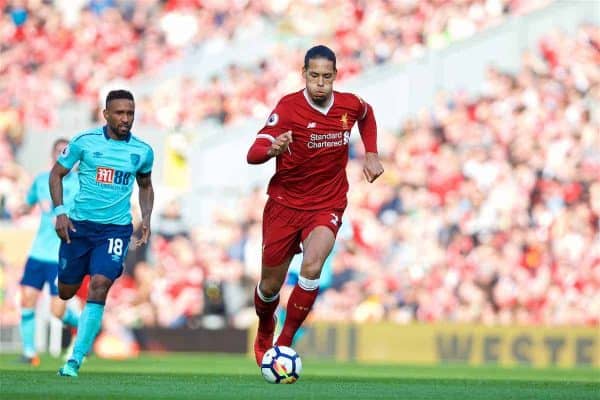 LIVERPOOL, ENGLAND - Saturday, April 14, 2018: Liverpool's Virgil van Dijk during the FA Premier League match between Liverpool FC and AFC Bournemouth at Anfield. (Pic by Laura Malkin/Propaganda)