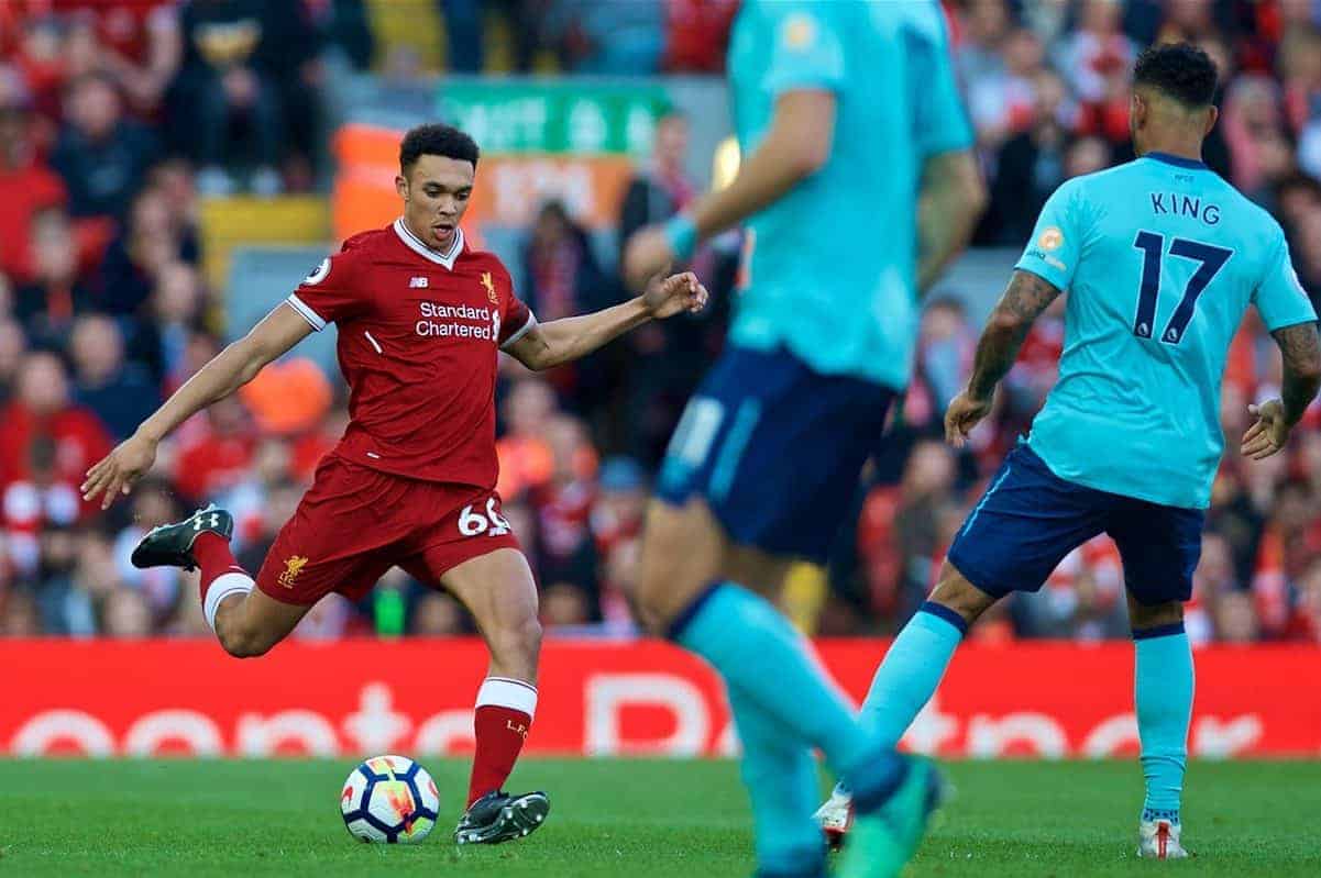 LIVERPOOL, ENGLAND - Saturday, April 14, 2018: Liverpool's Trent Alexander-Arnold during the FA Premier League match between Liverpool FC and AFC Bournemouth at Anfield. (Pic by Laura Malkin/Propaganda)
