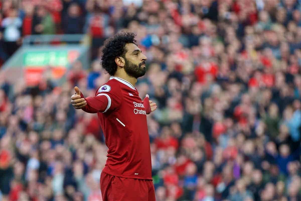 LIVERPOOL, ENGLAND - Saturday, April 14, 2018: Liverpool's Mohamed Salah celebrates scoring the second goal during the FA Premier League match between Liverpool FC and AFC Bournemouth at Anfield. (Pic by Laura Malkin/Propaganda)