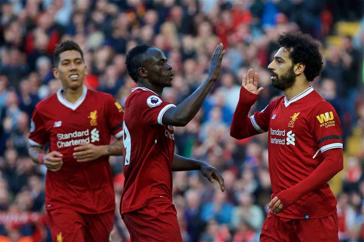 LIVERPOOL, ENGLAND - Saturday, April 14, 2018: Liverpool's Mohamed Salah (right) celebrates scoring the second goal with team-mates Sadio Mane (centre) and Roberto Firmino (left) during the FA Premier League match between Liverpool FC and AFC Bournemouth at Anfield. (Pic by Laura Malkin/Propaganda)