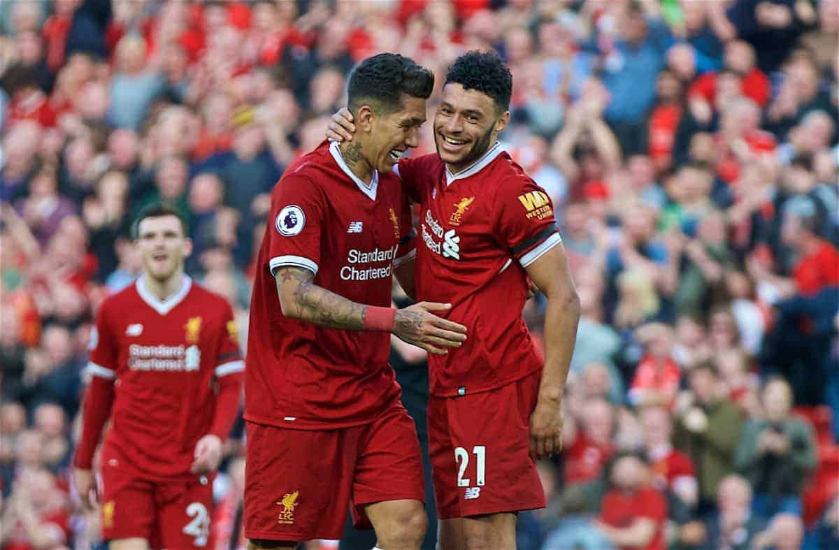 LIVERPOOL, ENGLAND - Saturday, April 14, 2018: Liverpool's Roberto Firmino celebrates scoring the third goal with team-mate Alex Oxlade-Chamberlain (right) during the FA Premier League match between Liverpool FC and AFC Bournemouth at Anfield. (Pic by Laura Malkin/Propaganda)