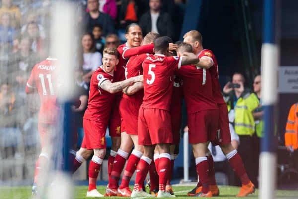 WEST BROMWICH, ENGLAND - Saturday, April 21, 2018: Liverpool’s Danny Ings is congratulated after scoring the opening goal during the FA Premier League match between West Bromwich Albion FC and Liverpool FC at the Hawthorns. (Pic by Peter Powell/Propaganda)