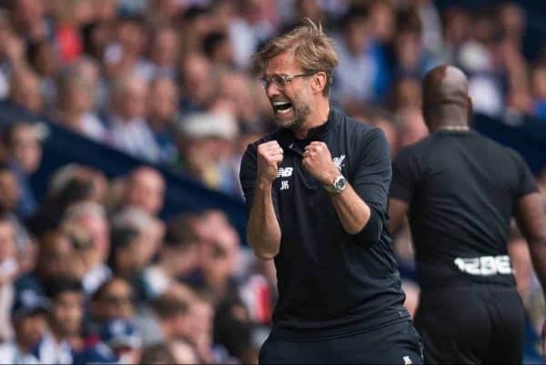 WEST BROMWICH, ENGLAND - Saturday, April 21, 2018: Liverpoolís manager Jurgen Klopp reacts after Mohamed Salah scores the second goal during the FA Premier League match between West Bromwich Albion FC and Liverpool FC at the Hawthorns. (Pic by Peter Powell/Propaganda)