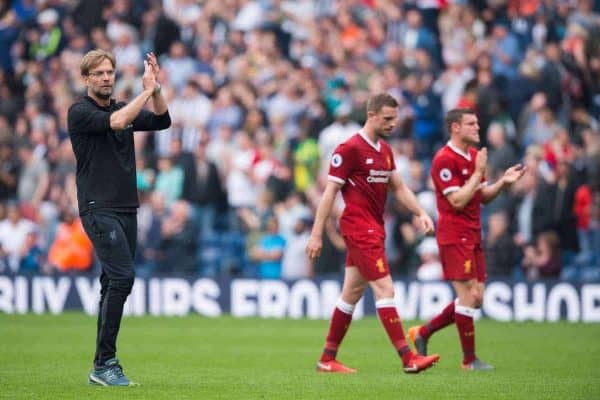 WEST BROMWICH, ENGLAND - Saturday, April 21, 2018: Liverpoolís manager Jurgen Klopp with Jordan Henderson and James Milner react after the FA Premier League match between West Bromwich Albion FC and Liverpool FC at the Hawthorns. (Pic by Peter Powell/Propaganda)