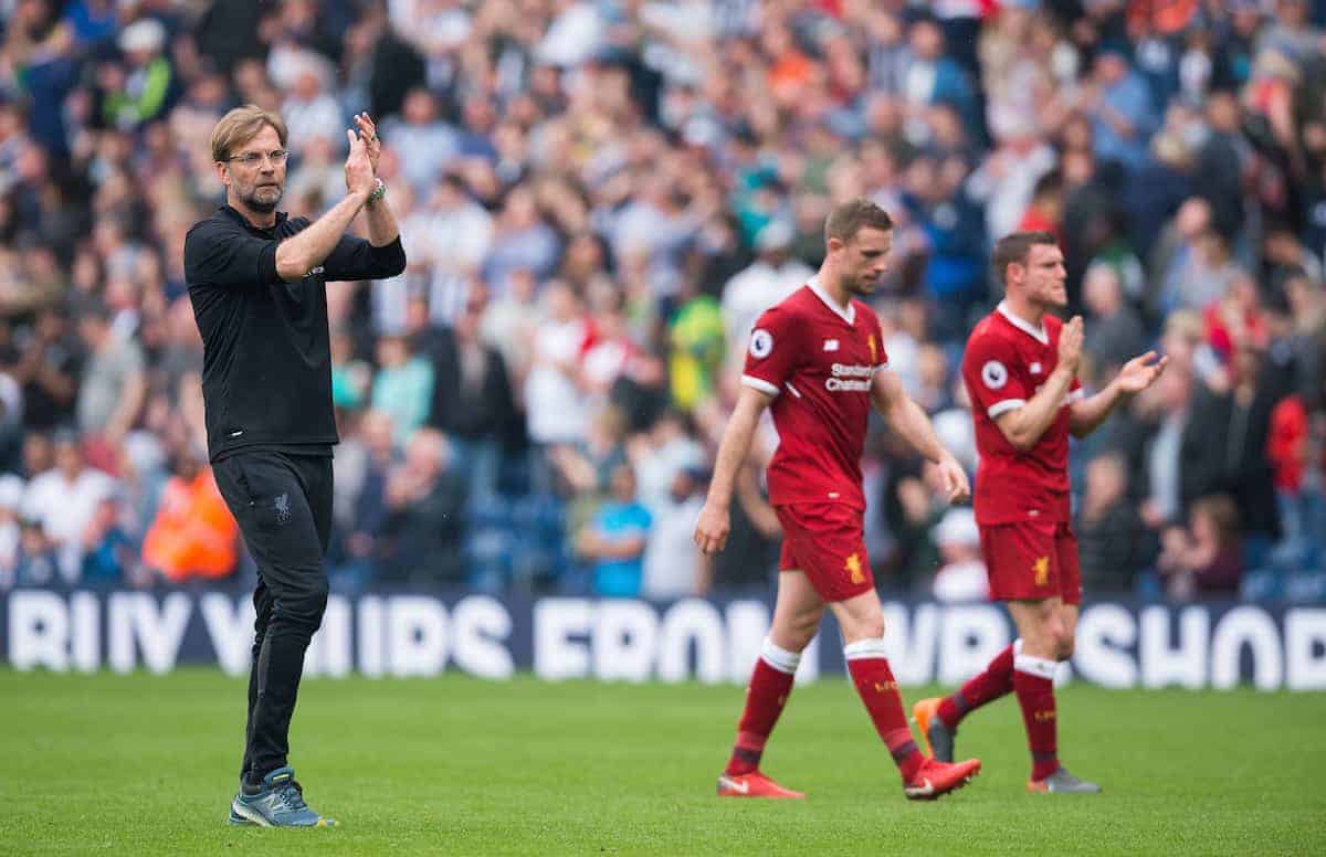 WEST BROMWICH, ENGLAND - Saturday, April 21, 2018: Liverpool?s manager Jurgen Klopp with Jordan Henderson and James Milner react after the FA Premier League match between West Bromwich Albion FC and Liverpool FC at the Hawthorns. (Pic by Peter Powell/Propaganda)