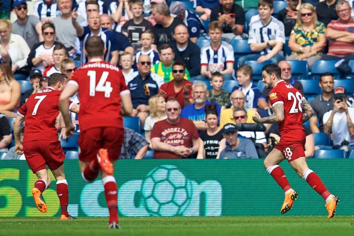 WEST BROMWICH, ENGLAND - Saturday, April 21, 2018: Liverpool's Danny Ings celebrates scoring the first goal during the FA Premier League match between West Bromwich Albion FC and Liverpool FC at the Hawthorns. (Pic by David Rawcliffe/Propaganda)