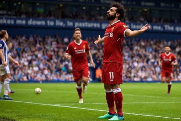 WEST BROMWICH, ENGLAND - Saturday, April 21, 2018: Liverpool's Mohamed Salah celebrates scoring the second goal during the FA Premier League match between West Bromwich Albion FC and Liverpool FC at the Hawthorns. (Pic by David Rawcliffe/Propaganda)