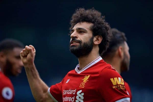 WEST BROMWICH, ENGLAND - Saturday, April 21, 2018: Liverpool's Mohamed Salah celebrates scoring the second goal during the FA Premier League match between West Bromwich Albion FC and Liverpool FC at the Hawthorns. (Pic by David Rawcliffe/Propaganda)