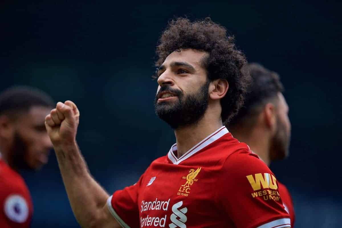 WEST BROMWICH, ENGLAND - Saturday, April 21, 2018: Liverpool's Mohamed Salah celebrates scoring the second goal during the FA Premier League match between West Bromwich Albion FC and Liverpool FC at the Hawthorns. (Pic by David Rawcliffe/Propaganda)