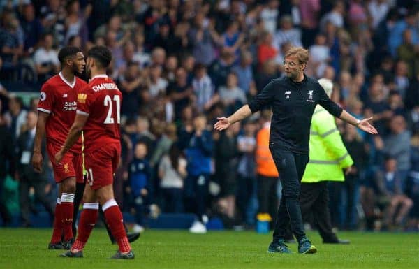 WEST BROMWICH, ENGLAND - Saturday, April 21, 2018: Liverpool's manager Jürgen Klopp and Joe Gomez after the 2-2 draw during the FA Premier League match between West Bromwich Albion FC and Liverpool FC at the Hawthorns. (Pic by David Rawcliffe/Propaganda)