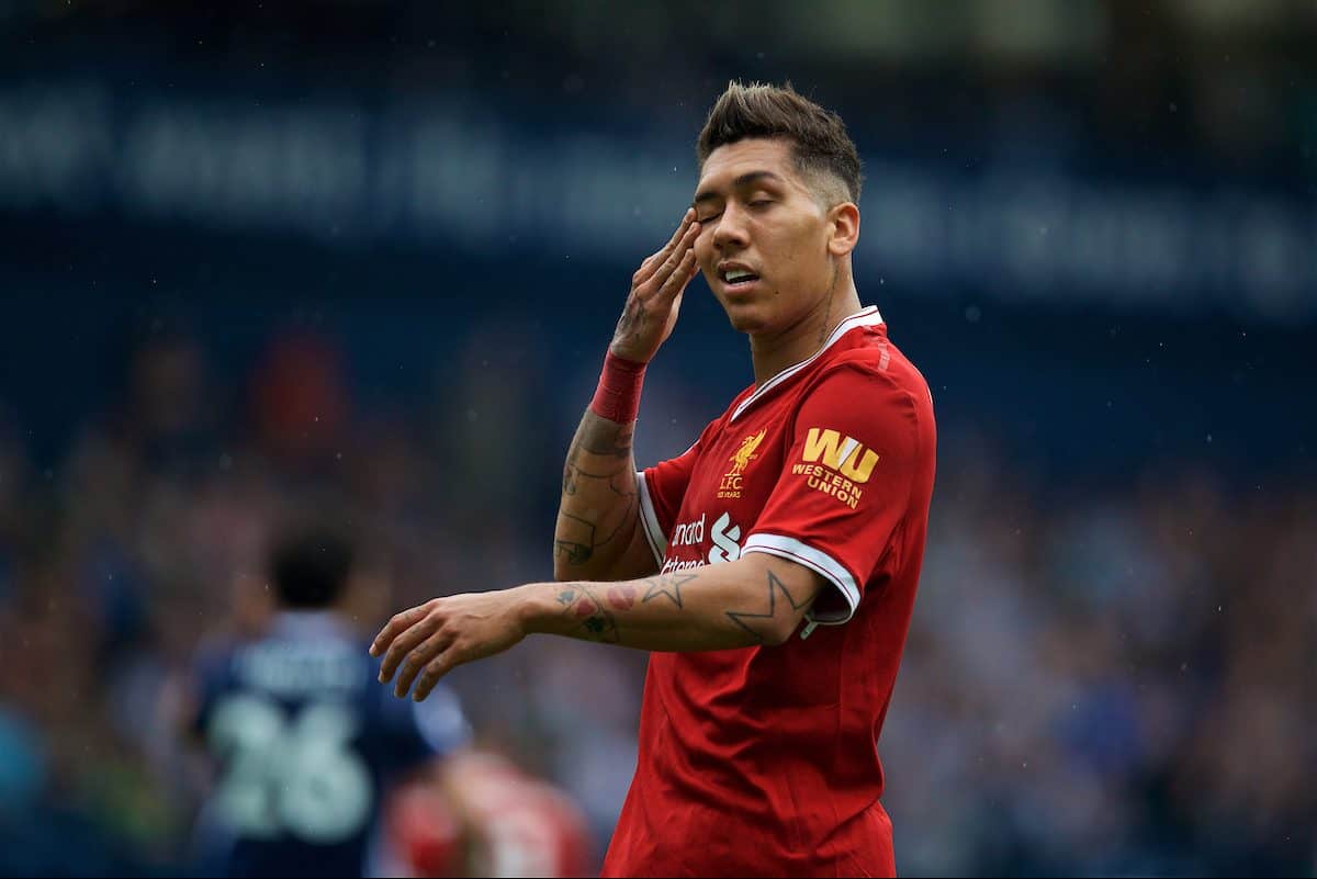 WEST BROMWICH, ENGLAND - Saturday, April 21, 2018: Liverpool's Roberto Firmino looks dejected during the FA Premier League match between West Bromwich Albion FC and Liverpool FC at the Hawthorns. (Pic by David Rawcliffe/Propaganda)