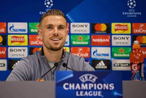 LIVERPOOL, ENGLAND - Monday, April 23, 2018: Liverpool's captain Jordan Henderson during a press conference at Anfield ahead of the UEFA Champions League Semi-Final 1st Leg match between Liverpool FC and AS Roma. (Pic by David Rawcliffe/Propaganda)