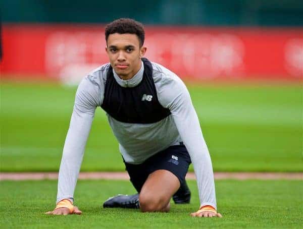 LIVERPOOL, ENGLAND - Monday, April 23, 2018: Liverpool's Trent Alexander-Arnold during a training session at Melwood Training Ground ahead of the UEFA Champions League Semi-Final 1st Leg match between Liverpool FC and AS Roma. (Pic by David Rawcliffe/Propaganda)