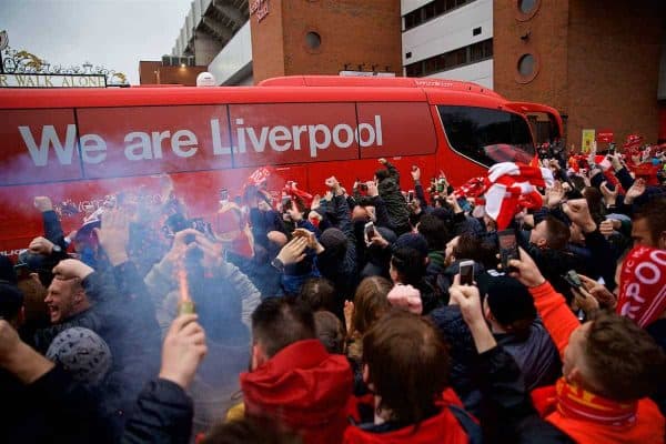 LIVERPOOL, ENGLAND - Tuesday, April 24, 2018: Liverpool supporters welcome the team bus before the UEFA Champions League Semi-Final 1st Leg match between Liverpool FC and AS Roma at Anfield. (Pic by David Rawcliffe/Propaganda)