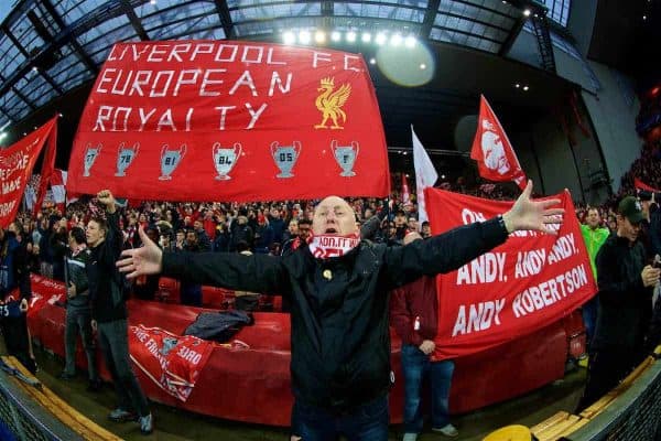 LIVERPOOL, ENGLAND - Tuesday, April 24, 2018: Liverpool supporters during the UEFA Champions League Semi-Final 1st Leg match between Liverpool FC and AS Roma at Anfield. (Pic by David Rawcliffe/Propaganda)