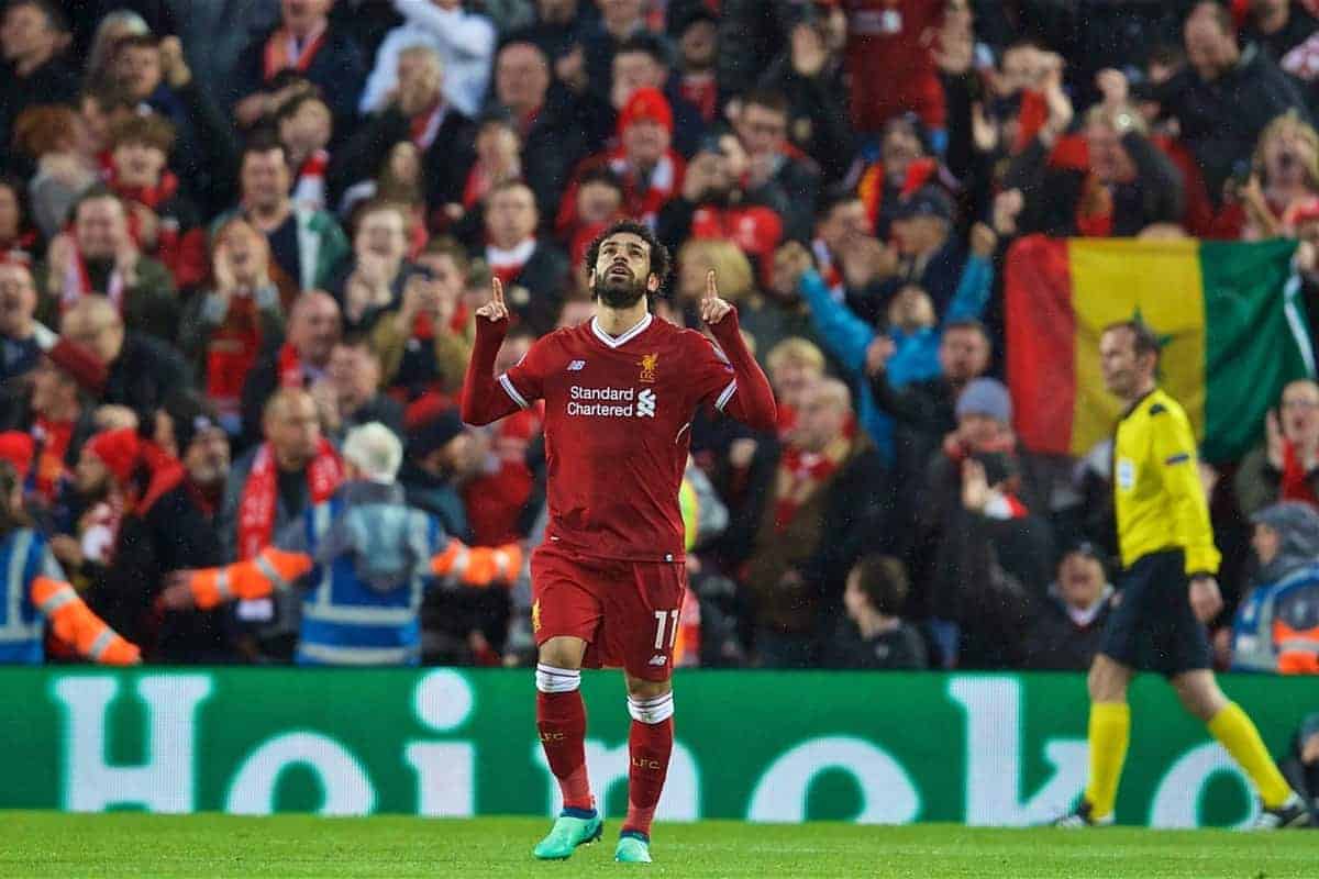 LIVERPOOL, ENGLAND - Tuesday, April 24, 2018: Liverpool's Mohamed Salah celebrates scoring the first goal during the UEFA Champions League Semi-Final 1st Leg match between Liverpool FC and AS Roma at Anfield. (Pic by David Rawcliffe/Propaganda)