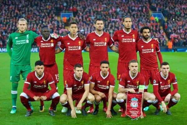 LIVERPOOL, ENGLAND - Tuesday, April 24, 2018: Liverpool's players line-up for a team group photograph before the UEFA Champions League Semi-Final 1st Leg match between Liverpool FC and AS Roma at Anfield. Back row L-R: goalkeeper Loris Karius, Sadio Mane, Roberto Firmino, Dejan Lovren, Virgil van Dijk, Mohamed Salah. Front row L-R: Alex Oxlade-Chamberlain, James Milner, Trent Alexander-Arnold, captain Jordan Henderson, Andy Robertson. (Pic by David Rawcliffe/Propaganda)