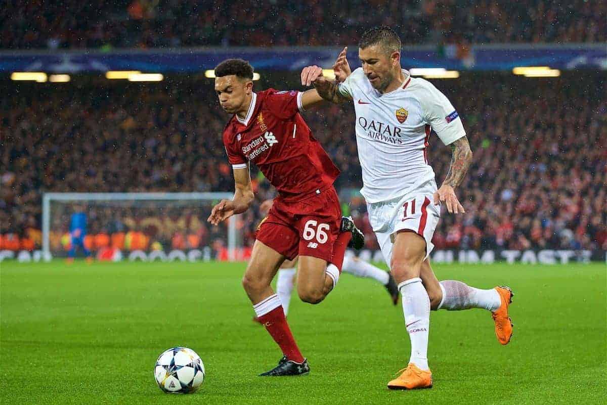 LIVERPOOL, ENGLAND - Tuesday, April 24, 2018: Liverpool's Trent Alexander-Arnold and AS Romaís Aleksandar Kolarov during the UEFA Champions League Semi-Final 1st Leg match between Liverpool FC and AS Roma at Anfield. (Pic by David Rawcliffe/Propaganda)