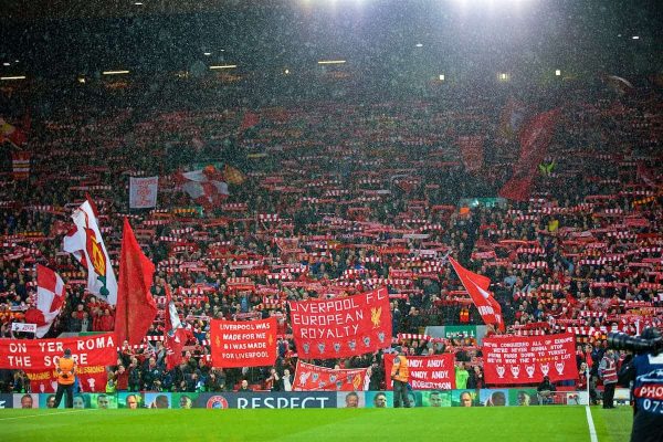 LIVERPOOL, ENGLAND - Tuesday, April 24, 2018: Liverpool supporters on the Spion Kop during the UEFA Champions League Semi-Final 1st Leg match between Liverpool FC and AS Roma at Anfield. (Pic by David Rawcliffe/Propaganda)