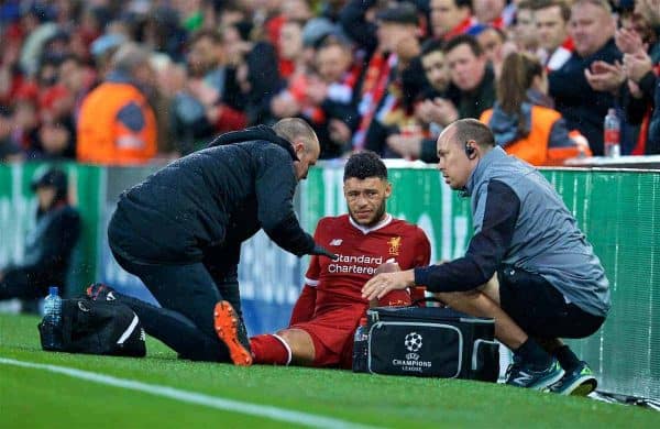 LIVERPOOL, ENGLAND - Tuesday, April 24, 2018: Liverpool's Alex Oxlade-Chamberlain is carried off injured during the UEFA Champions League Semi-Final 1st Leg match between Liverpool FC and AS Roma at Anfield. (Pic by David Rawcliffe/Propaganda)