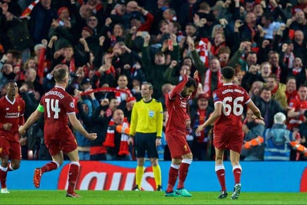 LIVERPOOL, ENGLAND - Tuesday, April 24, 2018: Liverpool's Mohamed Salah celebrates scoring the first goal during the UEFA Champions League Semi-Final 1st Leg match between Liverpool FC and AS Roma at Anfield. (Pic by David Rawcliffe/Propaganda)