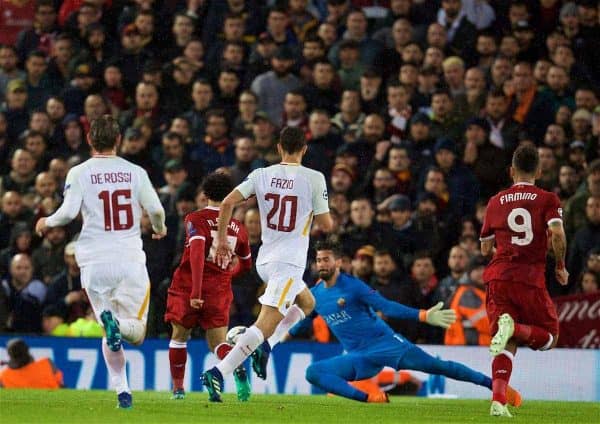 LIVERPOOL, ENGLAND - Tuesday, April 24, 2018: Liverpool's Mohamed Salah scores the second goal during the UEFA Champions League Semi-Final 1st Leg match between Liverpool FC and AS Roma at Anfield. (Pic by David Rawcliffe/Propaganda)