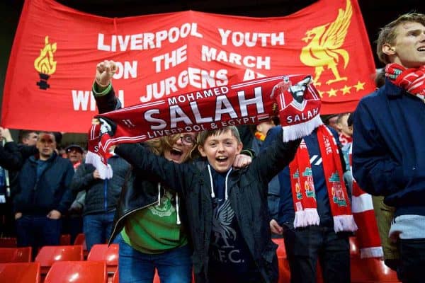 LIVERPOOL, ENGLAND - Tuesday, April 24, 2018: Liverpool supporters during the UEFA Champions League Semi-Final 1st Leg match between Liverpool FC and AS Roma at Anfield. (Pic by David Rawcliffe/Propaganda)