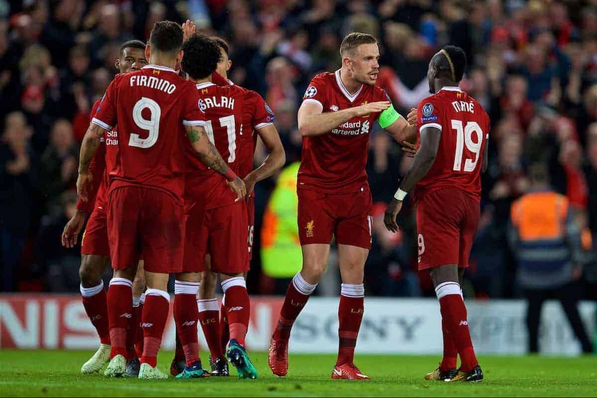 LIVERPOOL, ENGLAND - Tuesday, April 24, 2018: Liverpool's Sadio Mane celebrates scoring the third goal with team-mate captain Jordan Henderson during the UEFA Champions League Semi-Final 1st Leg match between Liverpool FC and AS Roma at Anfield. (Pic by David Rawcliffe/Propaganda)