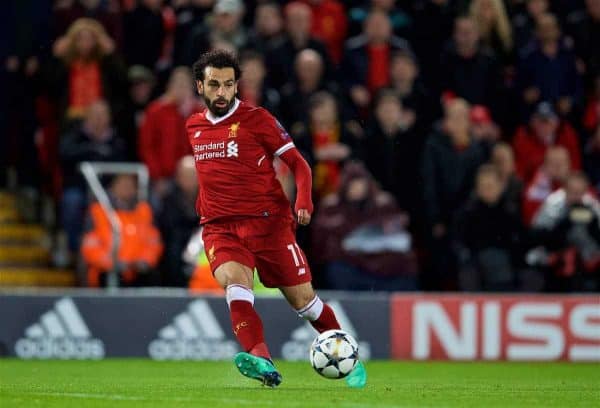 LIVERPOOL, ENGLAND - Tuesday, April 24, 2018: Liverpool's Mohamed Salah sets up the third goal during the UEFA Champions League Semi-Final 1st Leg match between Liverpool FC and AS Roma at Anfield. (Pic by David Rawcliffe/Propaganda)