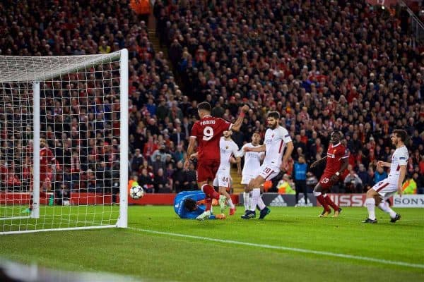 LIVERPOOL, ENGLAND - Tuesday, April 24, 2018: Liverpool's Roberto Firmino scores the fourth goal during the UEFA Champions League Semi-Final 1st Leg match between Liverpool FC and AS Roma at Anfield. (Pic by David Rawcliffe/Propaganda)