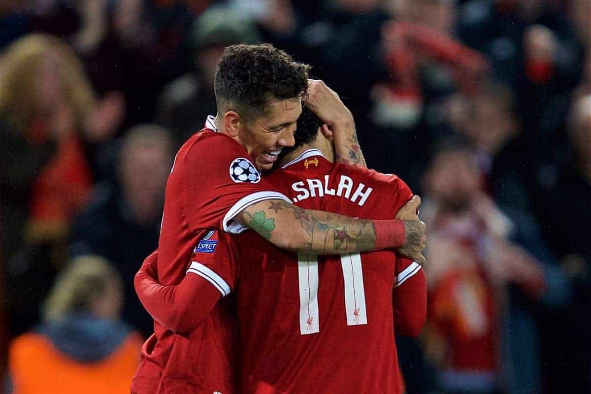 LIVERPOOL, ENGLAND - Tuesday, April 24, 2018: Liverpool's Roberto Firmino (left) celebrates scoring the fourth goal with team-mate Mohamed Salah during the UEFA Champions League Semi-Final 1st Leg match between Liverpool FC and AS Roma at Anfield. (Pic by David Rawcliffe/Propaganda)