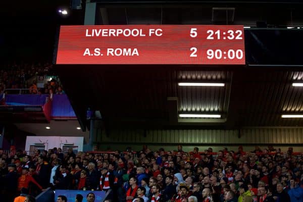 LIVERPOOL, ENGLAND - Tuesday, April 24, 2018: Liverpool's scoreboard records the 5-2 victory over AS Roma during the UEFA Champions League Semi-Final 1st Leg match between Liverpool FC and AS Roma at Anfield. (Pic by David Rawcliffe/Propaganda)