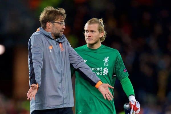 LIVERPOOL, ENGLAND - Tuesday, April 24, 2018: Liverpool's manager Jürgen Klopp and goalkeeper Loris Karius speak after the UEFA Champions League Semi-Final 1st Leg match between Liverpool FC and AS Roma at Anfield. (Pic by David Rawcliffe/Propaganda)