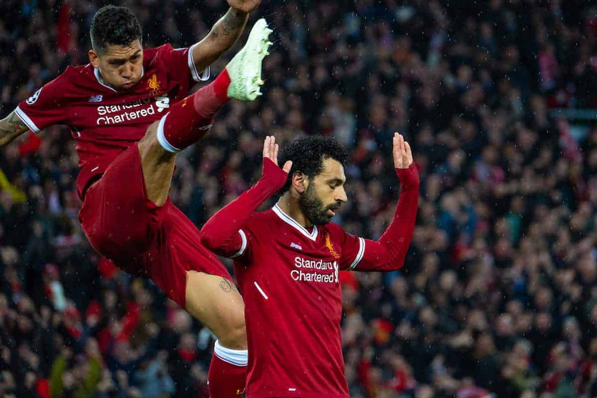 LIVERPOOL, ENGLAND - Tuesday, April 24, 2018: Liverpool's Mohamed Salah (right) celebrates scoring the second goal with team-mate Roberto Firmino during the UEFA Champions League Semi-Final 1st Leg match between Liverpool FC and AS Roma at Anfield. (Pic by Carlo Baroncini/Propaganda)