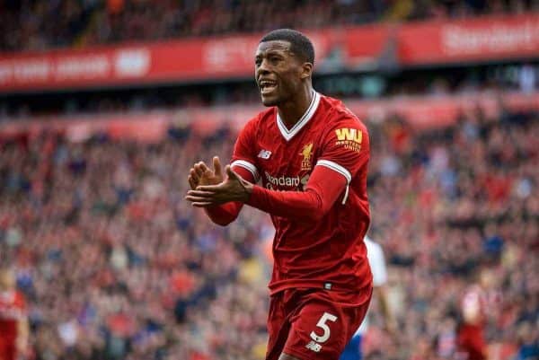 LIVERPOOL, ENGLAND - Saturday, April 28, 2018: Liverpool's Georginio Wijnaldum appeals for a penalty during the FA Premier League match between Liverpool FC and Stoke City FC at Anfield. (Pic by David Rawcliffe/Propaganda)