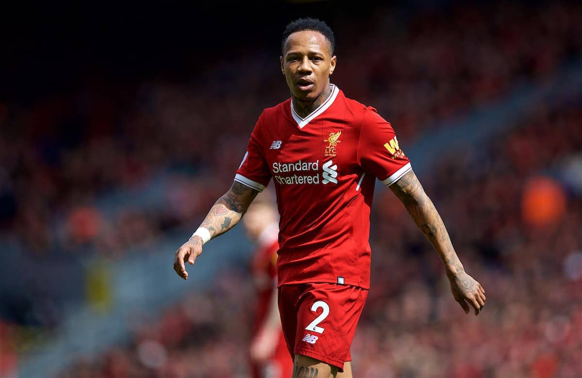 LIVERPOOL, ENGLAND - Saturday, April 28, 2018: Liverpool's Nathaniel Clyne during the FA Premier League match between Liverpool FC and Stoke City FC at Anfield. (Pic by David Rawcliffe/Propaganda)