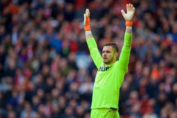 LIVERPOOL, ENGLAND - Saturday, April 28, 2018: Stoke City's goalkeeper Jack Butland during the FA Premier League match between Liverpool FC and Stoke City FC at Anfield. (Pic by David Rawcliffe/Propaganda)