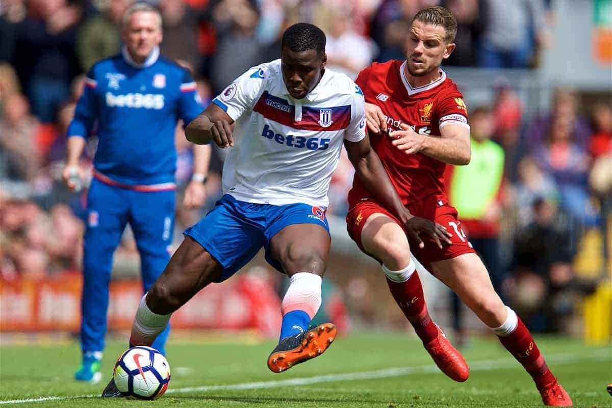 LIVERPOOL, ENGLAND - Saturday, April 28, 2018: Liverpool's captain Jordan Henderson (right) and Stoke City's Kurt Zouma during the FA Premier League match between Liverpool FC and Stoke City FC at Anfield. (Pic by David Rawcliffe/Propaganda)