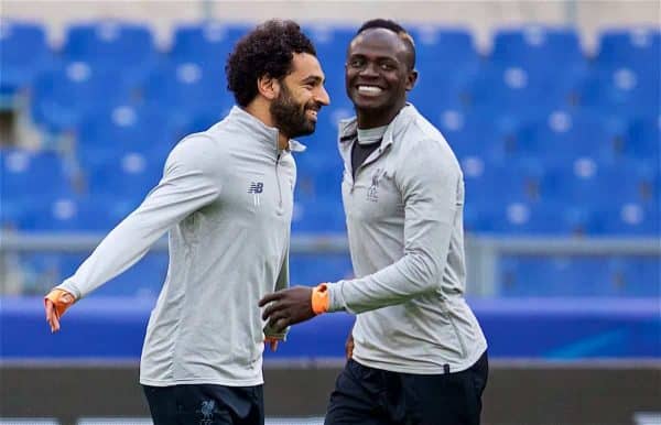 ROME, ITALY - Tuesday, May 1, 2018: Liverpool's Mohamed Salah (left) and Sadio Mane (right) during a training session at the Stadio Olimpico ahead of the UEFA Champions League Semi-Final 2nd Leg match between AS Roma and Liverpool FC. Liverpool lead 5-2 from the 1st Leg. (Pic by David Rawcliffe/Propaganda)