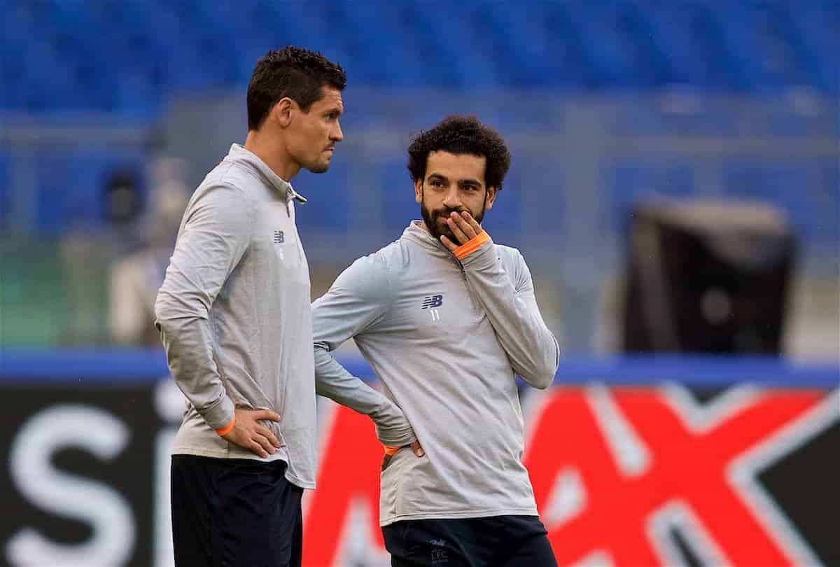 ROME, ITALY - Tuesday, May 1, 2018: Liverpool's Dejan Lovren (left) and Mohamed Salah (right) during a training session at the Stadio Olimpico ahead of the UEFA Champions League Semi-Final 2nd Leg match between AS Roma and Liverpool FC. Liverpool lead 5-2 from the 1st Leg. (Pic by David Rawcliffe/Propaganda)