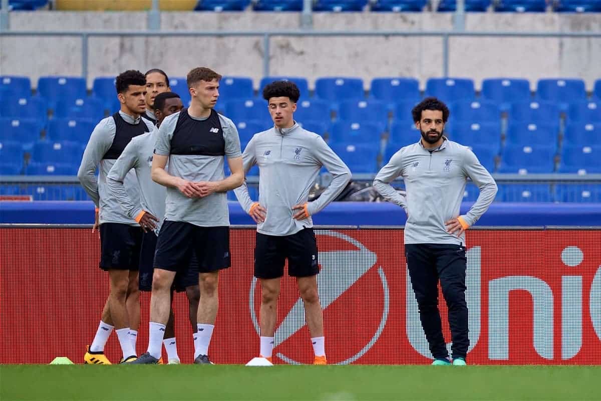 ROME, ITALY - Tuesday, May 1, 2018: Liverpool's Mohamed Salah (right) and his team-mates L-R Dominic Solanke, Conor Masterson and Curtis Jones during a training session at the Stadio Olimpico ahead of the UEFA Champions League Semi-Final 2nd Leg match between AS Roma and Liverpool FC. Liverpool lead 5-2 from the 1st Leg. (Pic by David Rawcliffe/Propaganda)