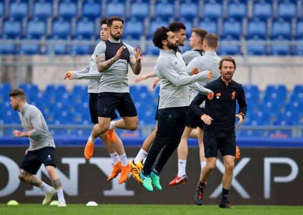 ROME, ITALY - Tuesday, May 1, 2018: Liverpool's Danny Ings (left) and Mohamed Salah (right) during a training session at the Stadio Olimpico ahead of the UEFA Champions League Semi-Final 2nd Leg match between AS Roma and Liverpool FC. Liverpool lead 5-2 from the 1st Leg. (Pic by David Rawcliffe/Propaganda)