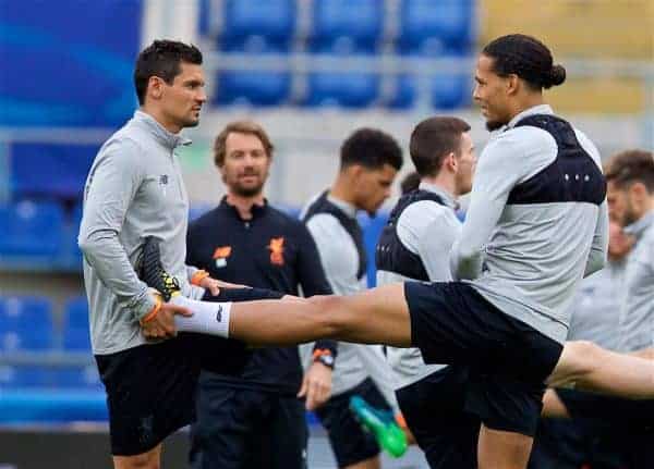 ROME, ITALY - Tuesday, May 1, 2018: Liverpool's Dejan Lovren (left) and Virgil van Dijk (right) during a training session at the Stadio Olimpico ahead of the UEFA Champions League Semi-Final 2nd Leg match between AS Roma and Liverpool FC. Liverpool lead 5-2 from the 1st Leg. (Pic by David Rawcliffe/Propaganda)