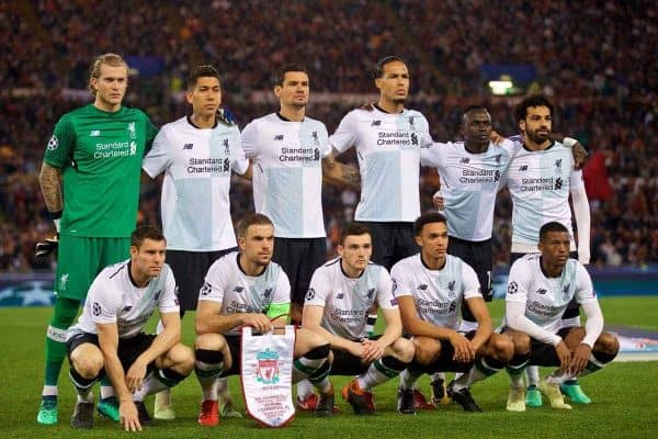 ROME, ITALY - Wednesday, May 2, 2018: Liverpool's players line-up for a team group photograph before the UEFA Champions League Semi-Final 2nd Leg match between AS Roma and Liverpool FC at the Stadio Olimpico. (Pic by David Rawcliffe/Propaganda)