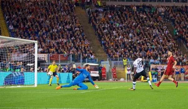 ROME, ITALY - Wednesday, May 2, 2018: Liverpool's Sadio Manes scores the first goal during the UEFA Champions League Semi-Final 2nd Leg match between AS Roma and Liverpool FC at the Stadio Olimpico. (Pic by David Rawcliffe/Propaganda)