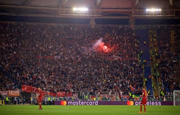 ROME, ITALY - Wednesday, May 2, 2018: Liverpool supporters celebrate the first goal during the UEFA Champions League Semi-Final 2nd Leg match between AS Roma and Liverpool FC at the Stadio Olimpico. (Pic by David Rawcliffe/Propaganda)