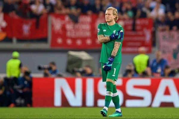 ROME, ITALY - Wednesday, May 2, 2018: Liverpool's goalkeeper Loris Karius holds his shoulder during the UEFA Champions League Semi-Final 2nd Leg match between AS Roma and Liverpool FC at the Stadio Olimpico. (Pic by David Rawcliffe/Propaganda)