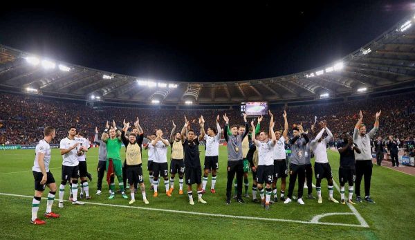 ROME, ITALY - Wednesday, May 2, 2018: Liverpool players celebrate after the 7-6 aggregate victory over AS Roma during the UEFA Champions League Semi-Final 2nd Leg match between AS Roma and Liverpool FC at the Stadio Olimpico. (Pic by David Rawcliffe/Propaganda)