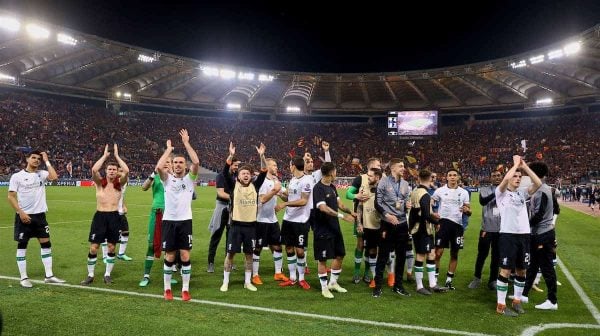 ROME, ITALY - Wednesday, May 2, 2018: Liverpool players celebrate after the 7-6 aggregate victory over AS Roma during the UEFA Champions League Semi-Final 2nd Leg match between AS Roma and Liverpool FC at the Stadio Olimpico. (Pic by David Rawcliffe/Propaganda)